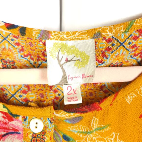 Fig and Flower Anthropologie Womens 2X Orange Colorful Floral 3/4 Sleeve Blouse - Picture 2 of 7